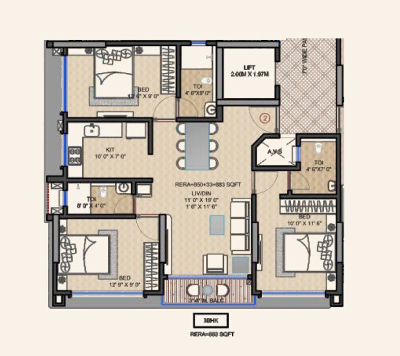 Floor plan of 3 BHK 883 Sq. Ft. Apartment in Swastik Legacy, Mumbai