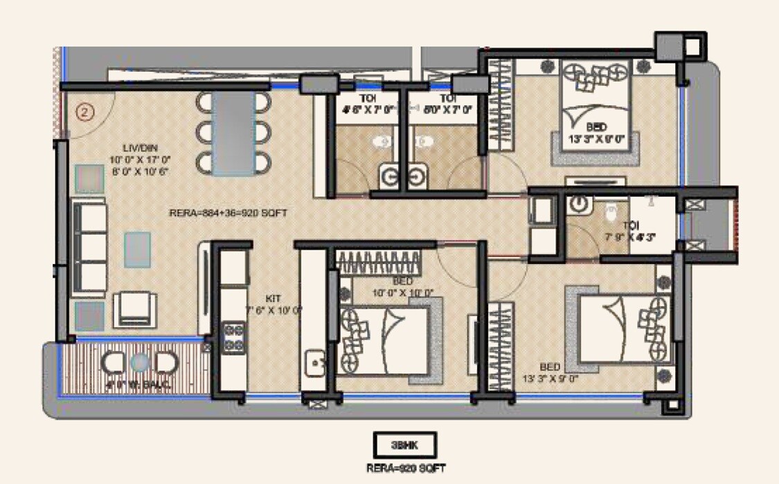 3 BHK 920 Sq. Ft. Apartment