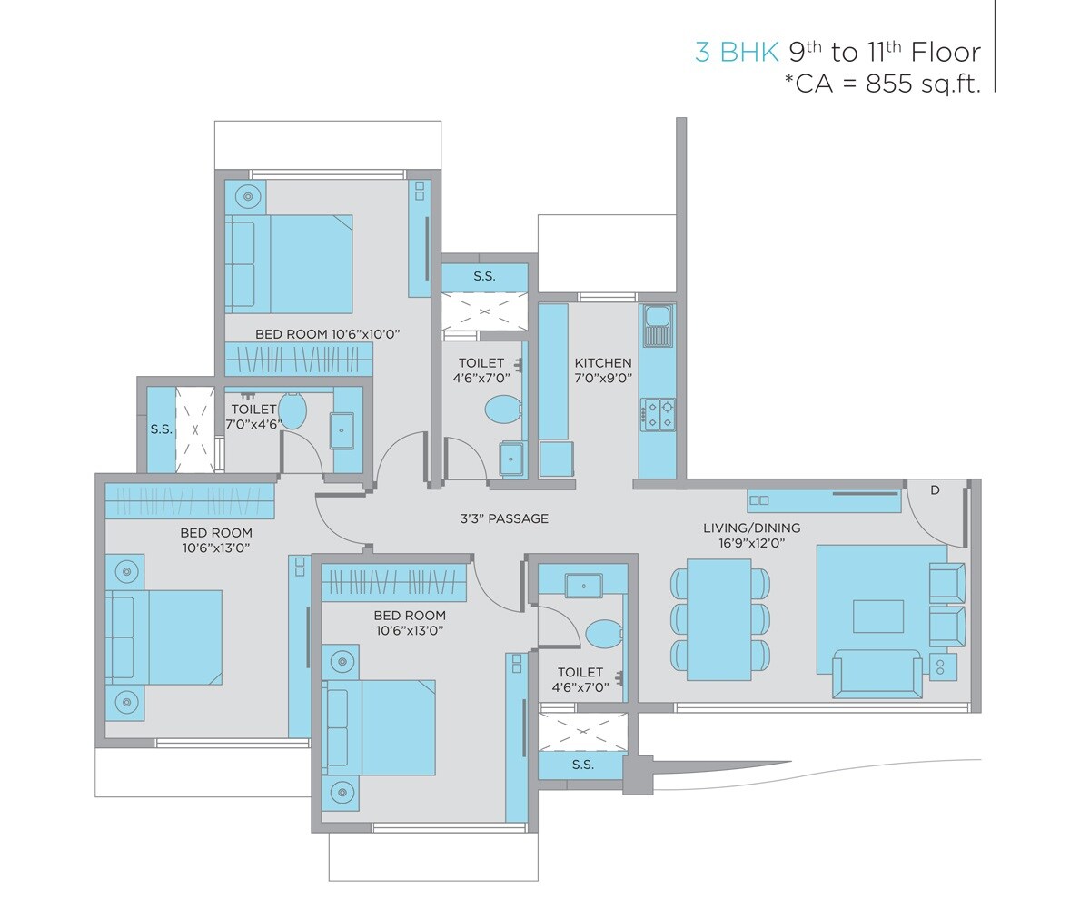 Floor plan of 3 BHK 855 Sq. Ft. Apartment in Swastik Park, Mumbai