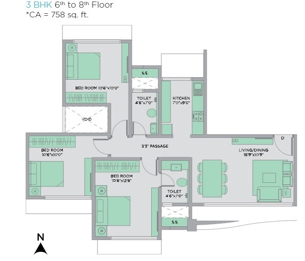 Floor plan of 2 BHK 637 Sq. Ft. Apartment in Swastik Park, Mumbai