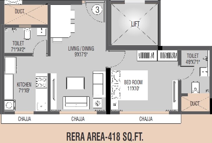 Floor plan of 1 BHK 418 Sq. Ft. Apartment in Swastik Platinum Apartment, Mumbai