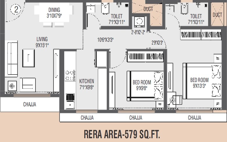 Floor plan of 2 BHK 579 Sq. Ft. Apartment in Swastik Platinum Apartment, Mumbai