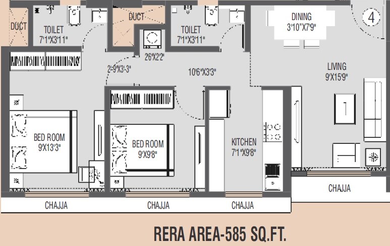2 BHK 585 Sq. Ft. Apartment