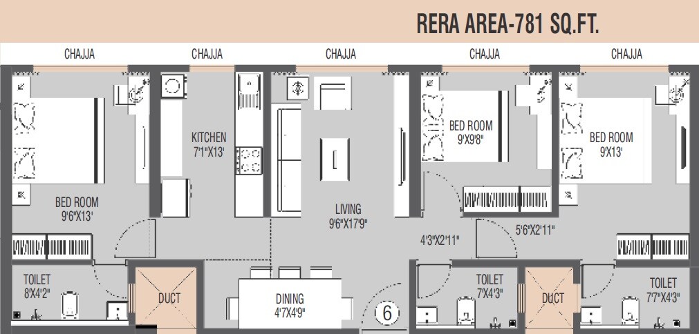 Floor plan of 3 BHK 781 Sq. Ft. Apartment in Swastik Platinum Apartment, Mumbai