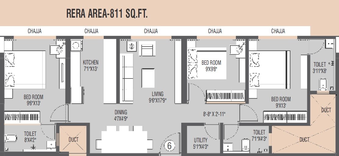 Floor plan of 3 BHK 811 Sq. Ft. Apartment in Swastik Platinum Apartment, Mumbai