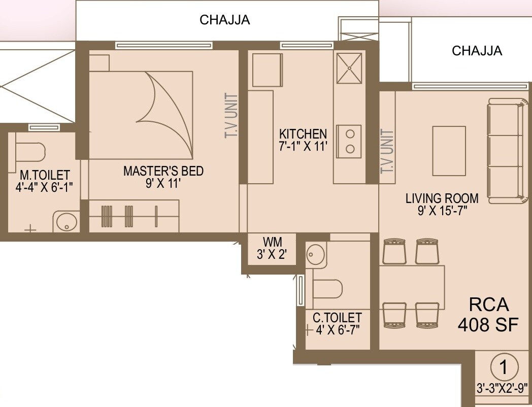 Floor plan of 1 BHK 408 Sq. Ft. Apartment in Swastik Tulip, Mumbai