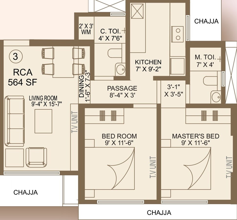 Floor plan of 2 BHK 563 Sq. Ft. Apartment in Swastik Tulip, Mumbai