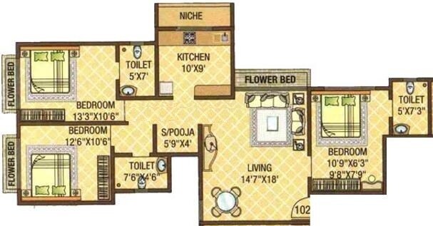 Floor plan of 3 BHK 1790 Sq. Ft. Apartment in Swastik Value Heights, Mumbai
