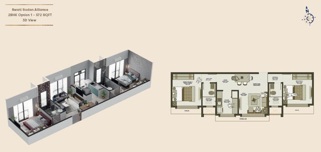 Floor plan of 2 BHK 572 Sq. Ft. Apartment in Swati Sadan Alliance, Mumbai