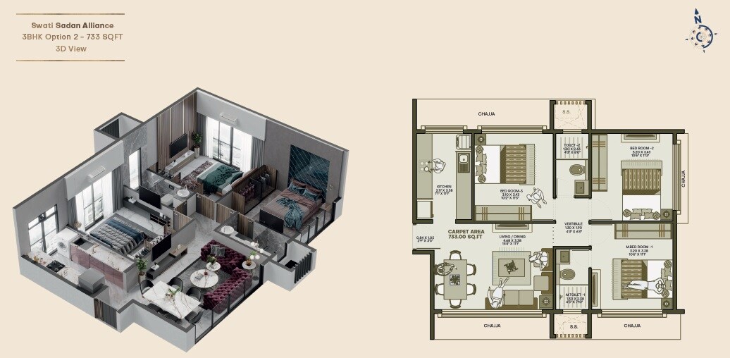 3 BHK 733 Sq. Ft. Apartment