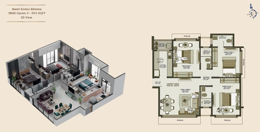 3 BHK 900 Sq. Ft. Apartment