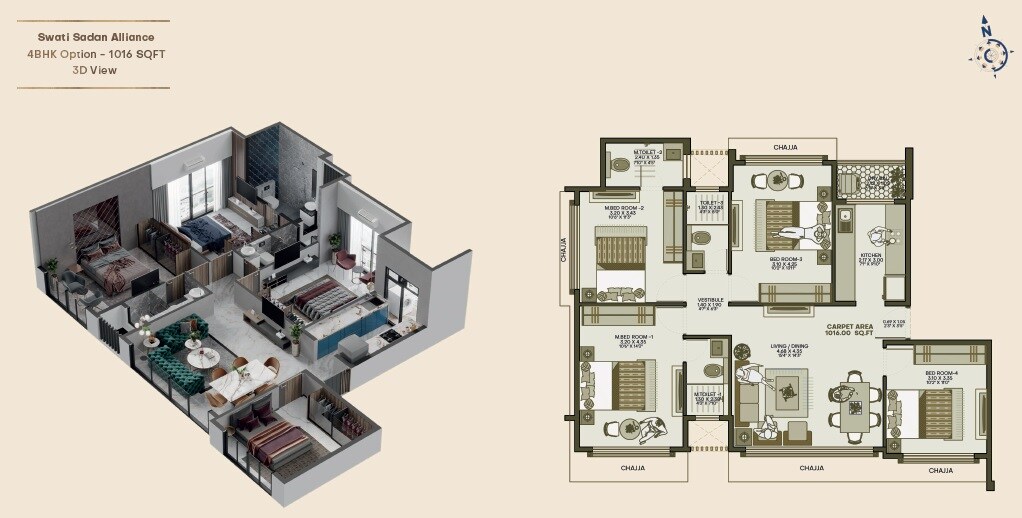 Floor plan of 4 BHK 1016 Sq. Ft. Apartment in Swati Sadan Alliance, Mumbai