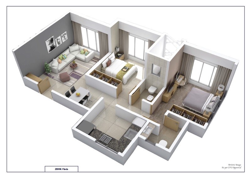 Floor plan of 2 BHK 646 Sq. Ft. Apartment in Swayam Rudra Heights, Mumbai