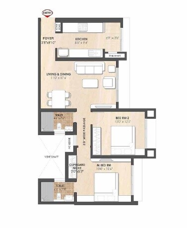Floor plan of 2 BHK 724 Sq. Ft. Apartment in TATA Arrosa, Mumbai
