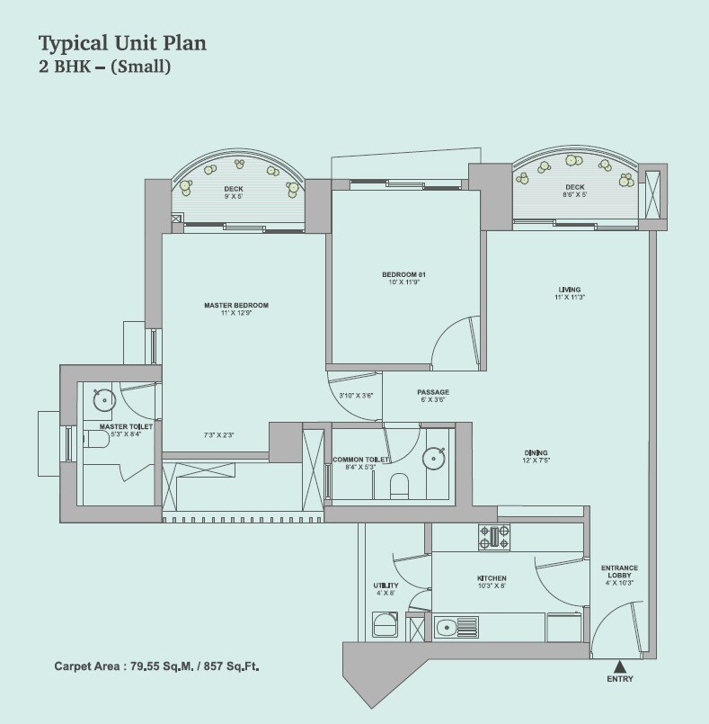 Floor plan of 2 BHK 857 Sq. Ft. Apartment in Tata Aveza, Mumbai