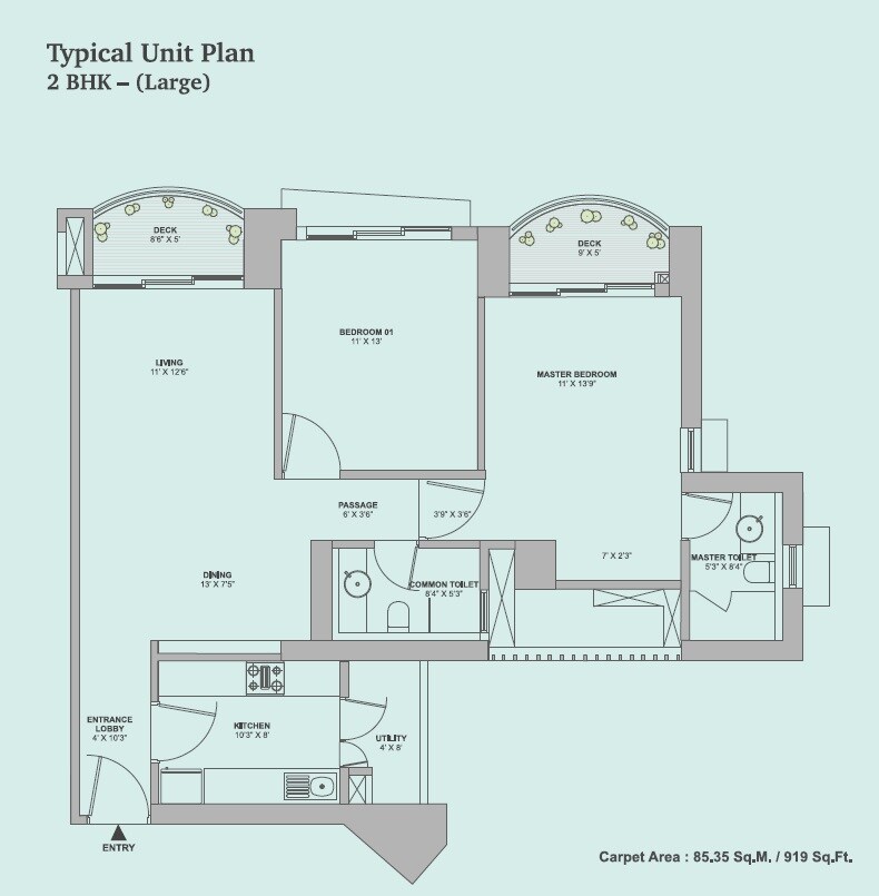 Floor plan of 2 BHK 919 Sq. Ft. Apartment in Tata Aveza, Mumbai