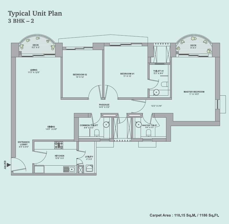 Floor plan of 3 BHK 1186 Sq. Ft. Apartment in Tata Aveza, Mumbai