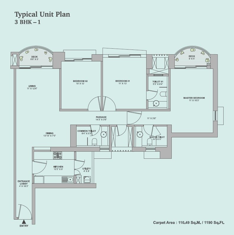 Floor plan of 3 BHK 1190 Sq. Ft. Apartment in Tata Aveza, Mumbai