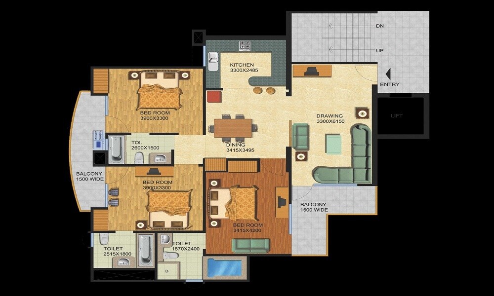 Floor plan of 3 BHK 1633 Sq. Ft. Apartment in TATA Emeralde Court, Mumbai