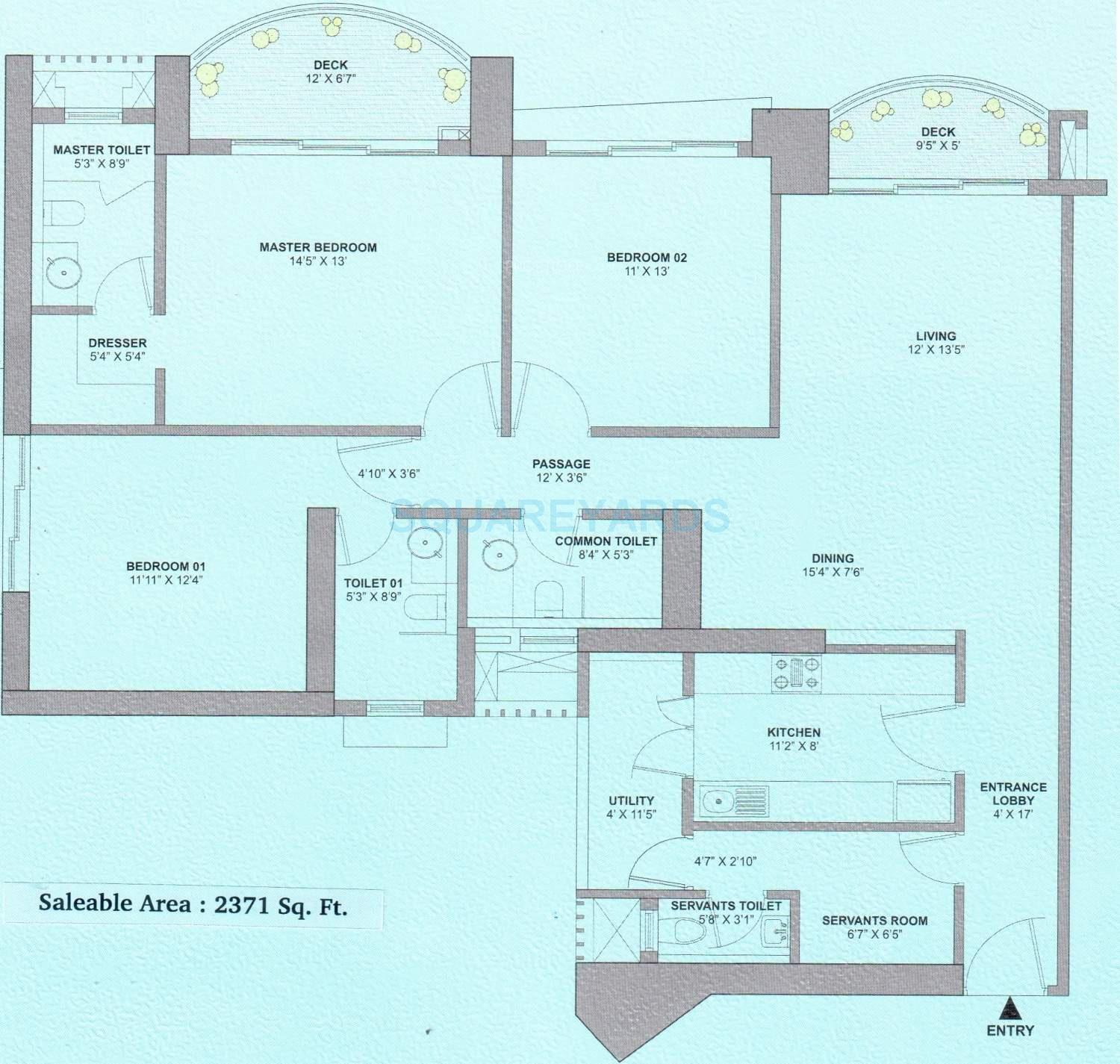 Floor plan of 3 BHK 2371 Sq. Ft. Apartment in Tata Gateway Towers, Mumbai