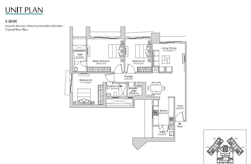 Floor plan of 3 BHK 1870 Sq. Ft. Apartment in Tata Vivati, Mumbai