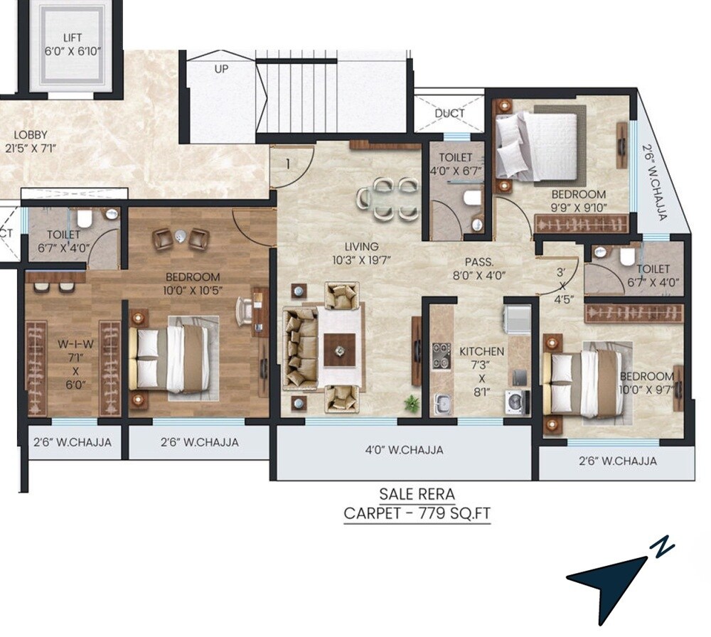 Floor plan of 3 BHK 779 Sq. Ft. Apartment in Tawakkal Gayatri Enclave, Mumbai