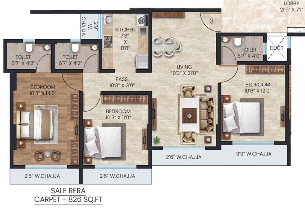 Floor plan of 3 BHK 826 Sq. Ft. Apartment in Tawakkal Gayatri Enclave, Mumbai