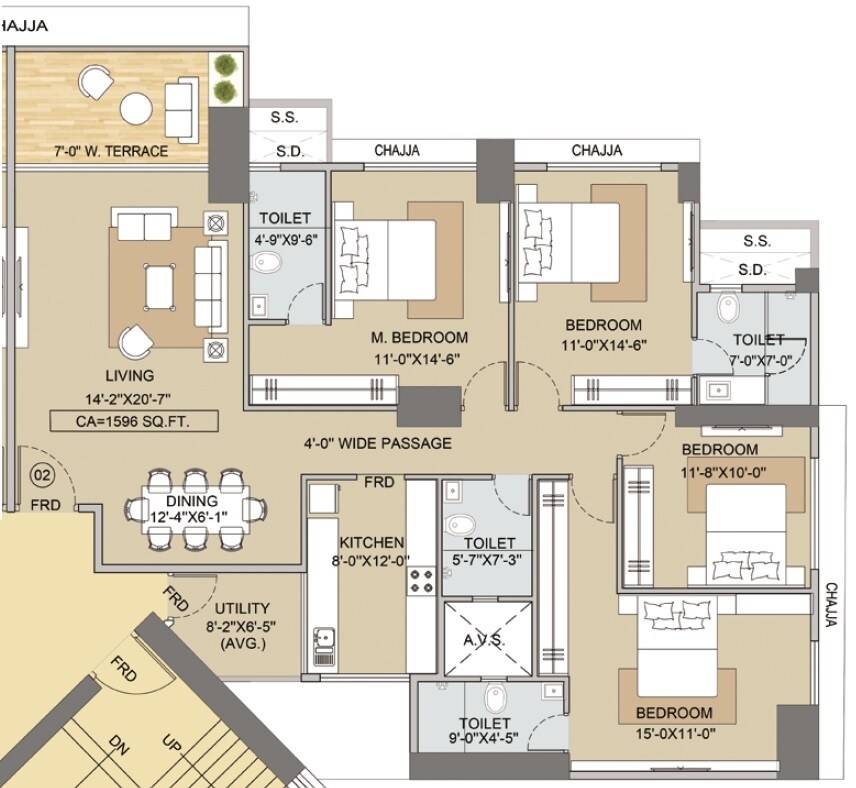 Floor plan of 4 BHK 1596 Sq. Ft. Apartment in Techno Aakasa, Mumbai