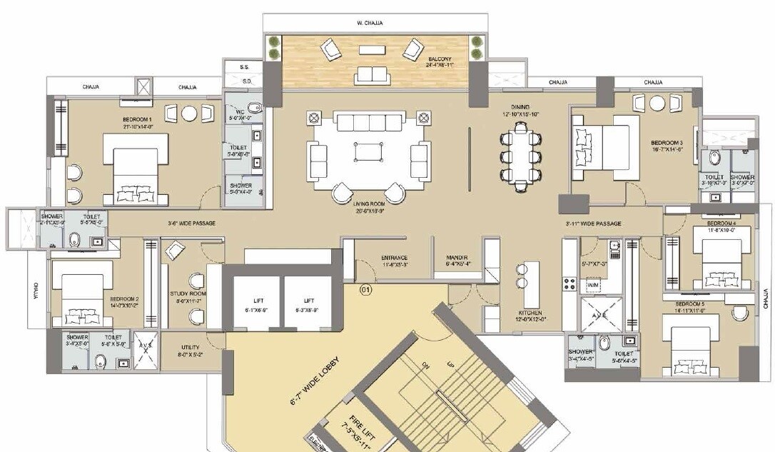 Floor plan of 5 BHK 2069 Sq. Ft. Apartment in Techno Aakasa, Mumbai