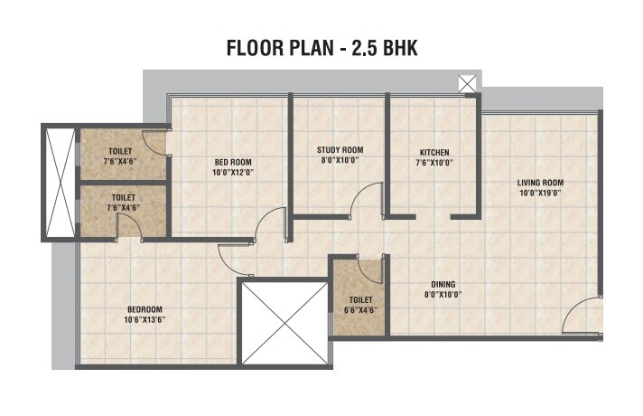 Floor plan of 2 BHK 832 Sq. Ft. Apartment in Teenmurti Summit, Mumbai