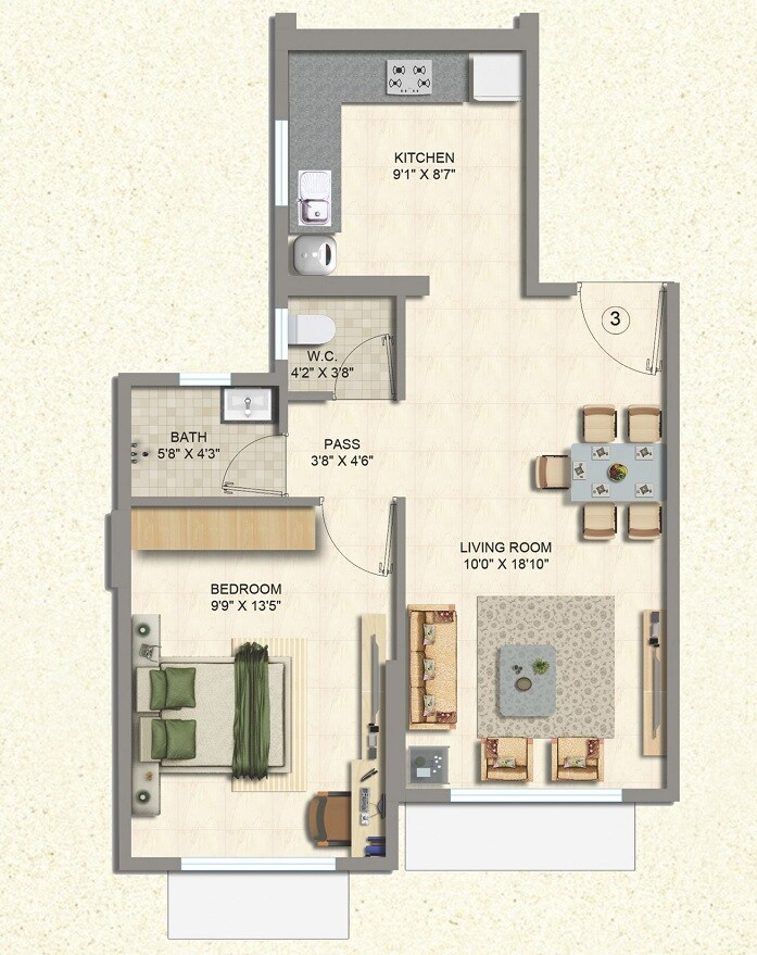 Floor plan of 1 BHK 479 Sq. Ft. Apartment in Tejukaya Esperanza, Mumbai