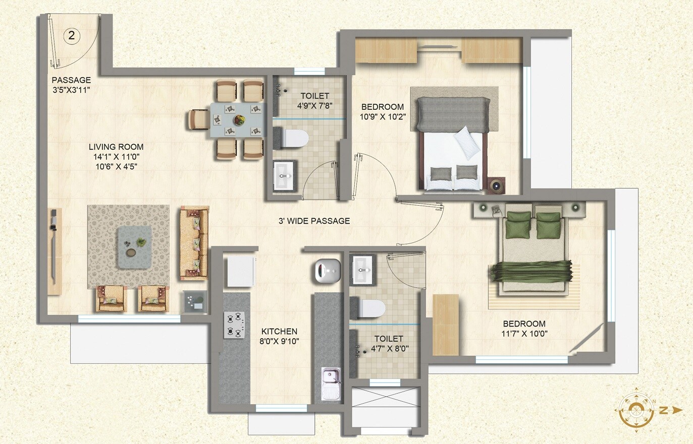 2 BHK 689 Sq. Ft. Apartment