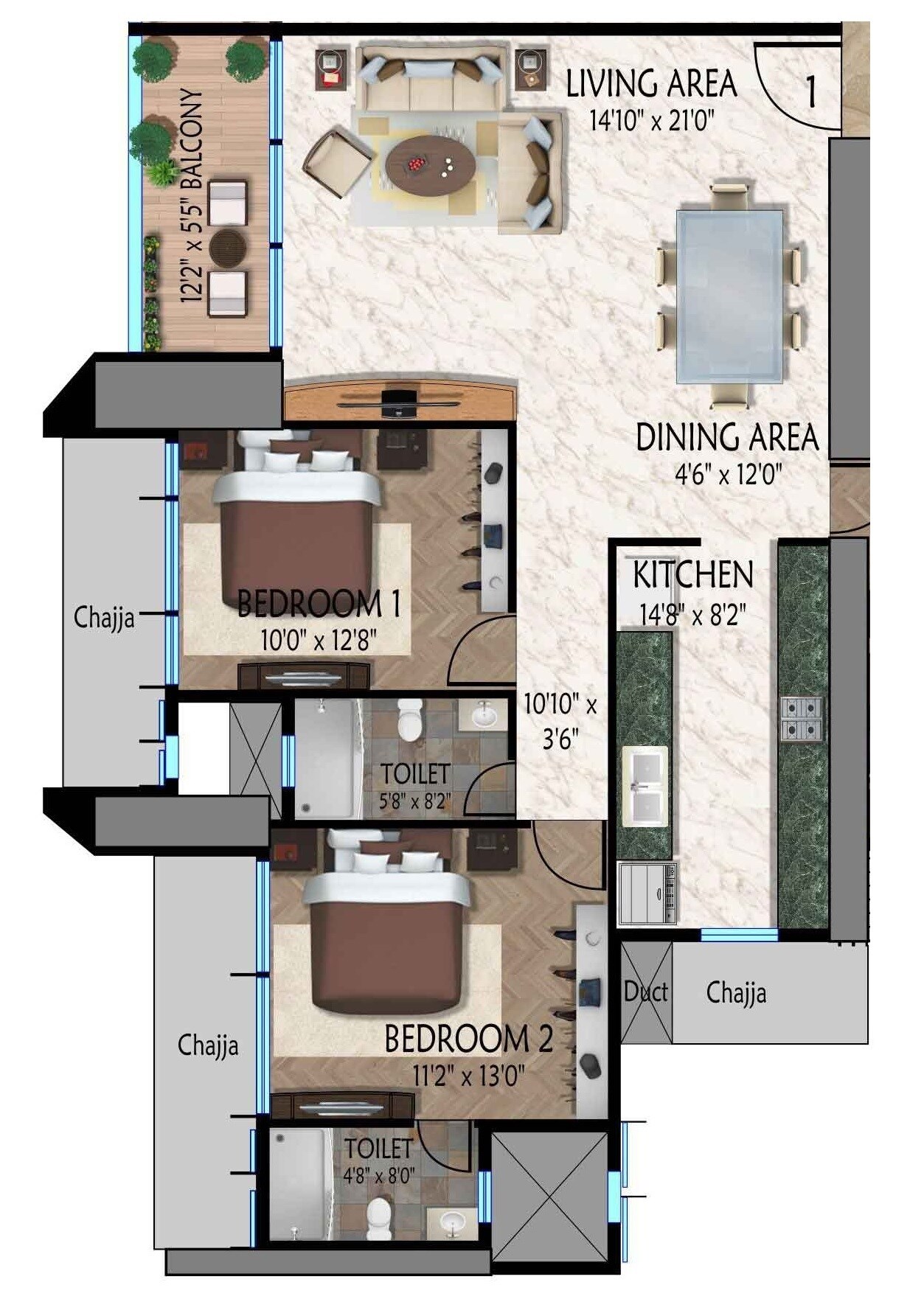 Floor plan of 2 BHK 788 Sq. Ft. Apartment in Tejukaya Pride, Mumbai