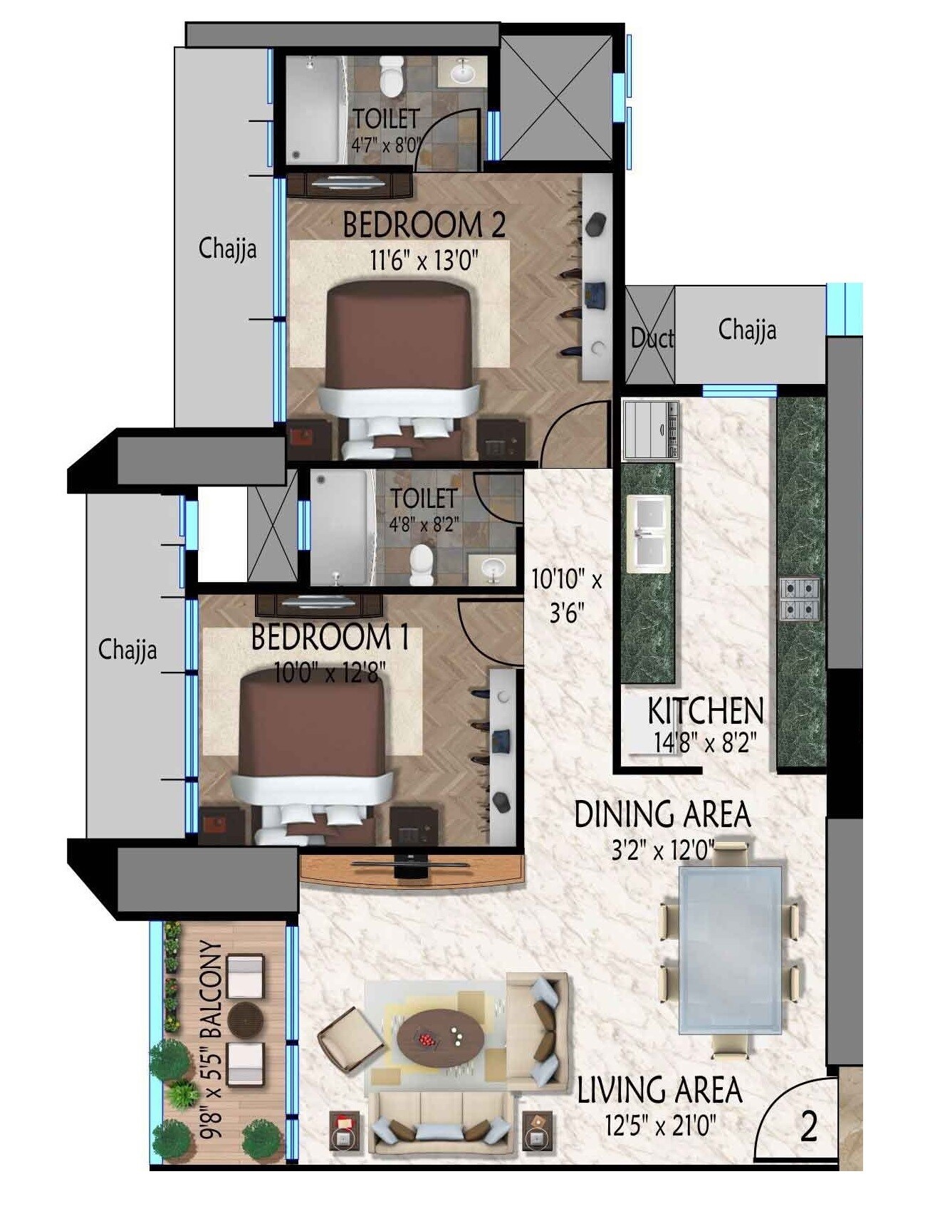 Floor plan of 2 BHK 830 Sq. Ft. Apartment in Tejukaya Pride, Mumbai
