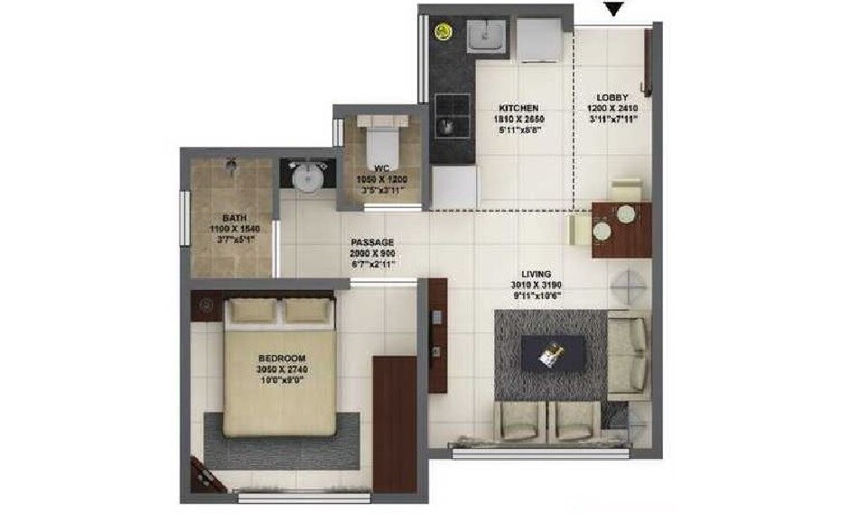 Floor plan of 1 BHK 349 Sq. Ft. Apartment in Terraform Dwarka, Mumbai