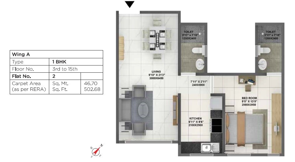 Floor plan of 1 BHK 503 Sq. Ft. Apartment in Terraform Dwarka, Mumbai