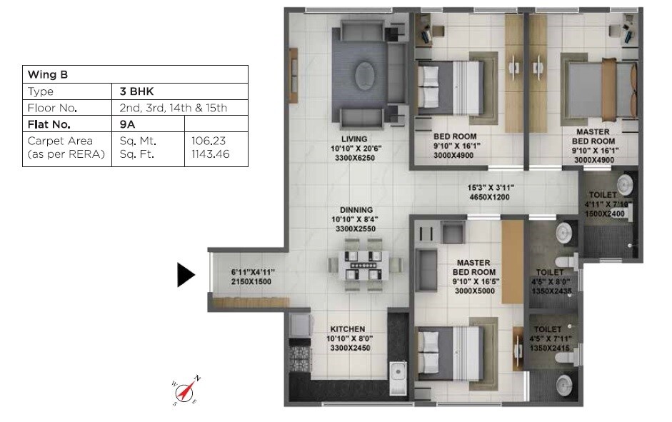 Floor plan of 3 BHK 1143 Sq. Ft. Apartment in Terraform Dwarka, Mumbai