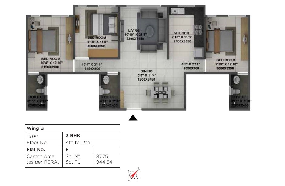 Floor plan of 3 BHK 945 Sq. Ft. Apartment in Terraform Dwarka, Mumbai