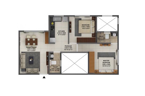 Floor plan of 2 BHK 590 Sq. Ft. Apartment in Terraform Dwarka Phase 2, Mumbai