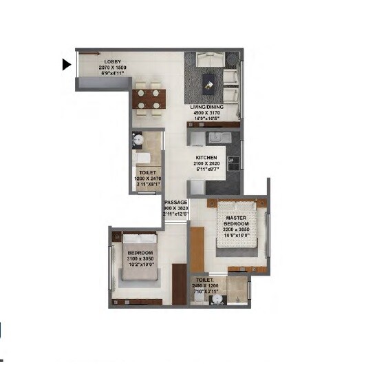 Floor plan of 2 BHK 605 Sq. Ft. Apartment in Terraform Dwarka Phase 2, Mumbai