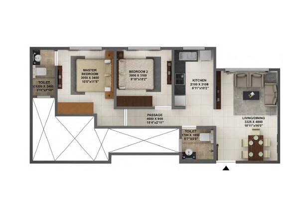 Floor plan of 2 BHK 613 Sq. Ft. Apartment in Terraform Dwarka Phase 2, Mumbai