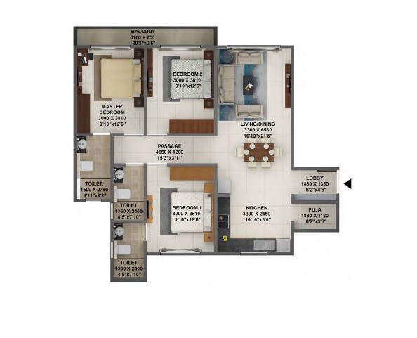 Floor plan of 3 BHK 1036 Sq. Ft. Apartment in Terraform Dwarka Phase 2, Mumbai
