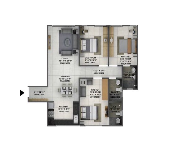 Floor plan of 3 BHK 976 Sq. Ft. Apartment in Terraform Dwarka Phase 2, Mumbai