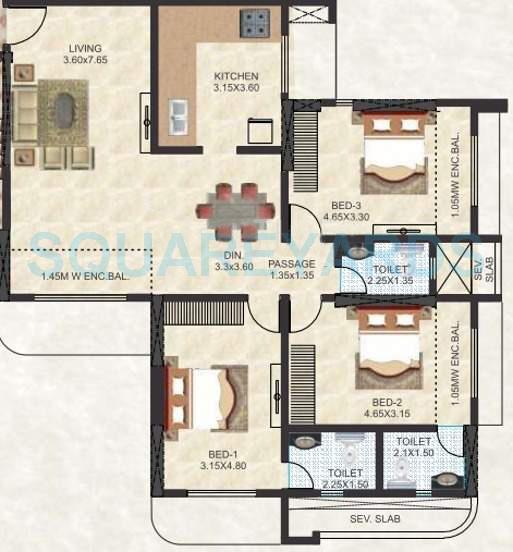 Floor plan of 3 BHK 2055 Sq. Ft. Apartment in Thakur Jewel Tower, Mumbai