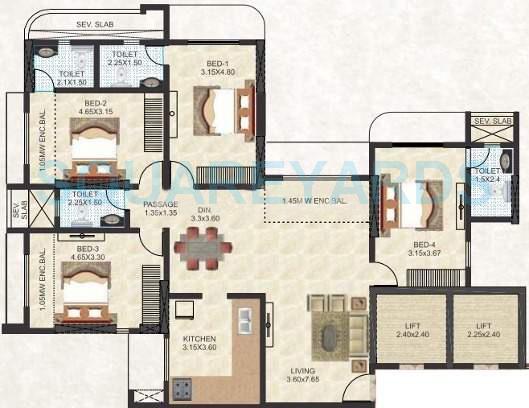 Floor plan of 4 BHK 2415 Sq. Ft. Apartment in Thakur Jewel Tower, Mumbai