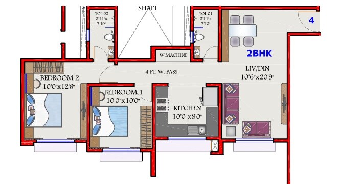 Floor plan of 2 BHK 708 Sq. Ft. Apartment in Thapar Suburbia, Mumbai