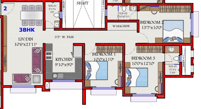 Floor plan of 3 BHK 918 Sq. Ft. Apartment in Thapar Suburbia, Mumbai