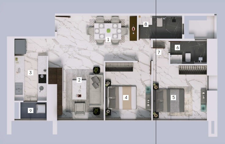 Floor plan of 2 BHK 841 Sq. Ft. Apartment in The Aga Hall Estate, Mumbai