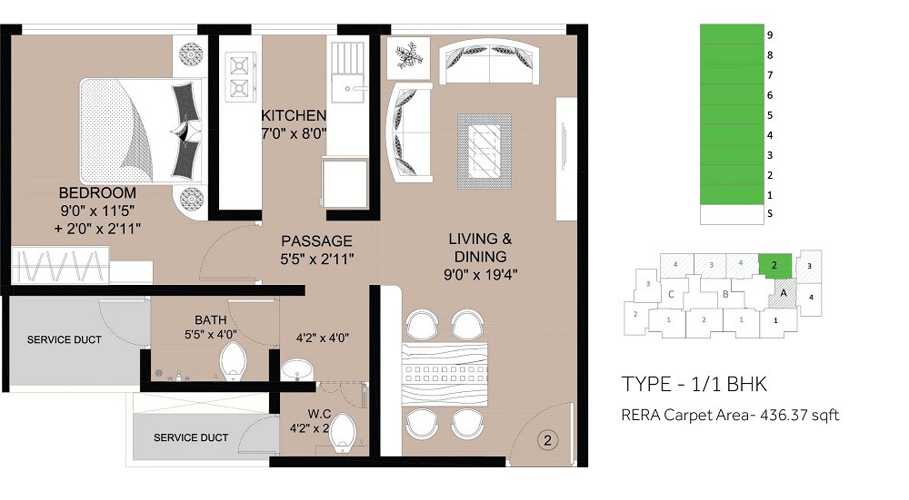 Floor plan of 1 BHK 436 Sq. Ft. Apartment in The Baya Goldspot, Mumbai