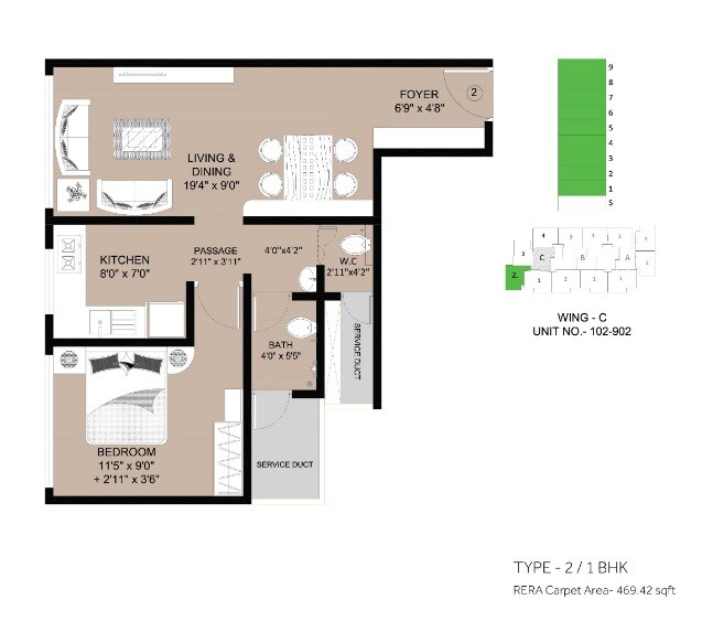 Floor plan of 1 BHK 469 Sq. Ft. Apartment in The Baya Goldspot, Mumbai